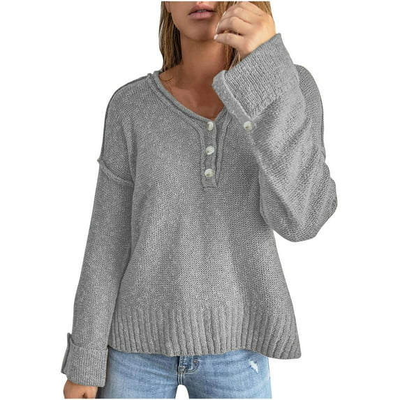 Herrnalise Women's Casual V Neck Sweater Loose Long Sleeve Waffle Ribbed Knit Button Henley Solid Color Pullover Jumper Top S-3XL