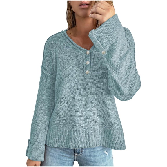 Herrnalise Women's Casual V Neck Sweater Loose Long Sleeve Waffle Ribbed Knit Button Henley Solid Color Pullover Jumper Top S-3XL