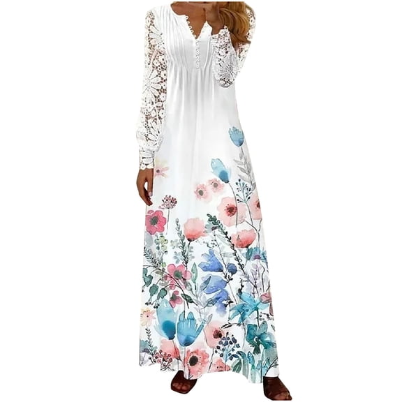 Herrnalise Women's Casual Waist Printed Button Lace Long Sleeve V-Neck Dresses S-5XL