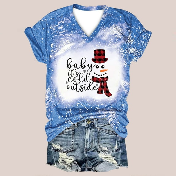 SDJMa Women's Classic-Fit 100% Cotton Short-Sleeve T-Shirt Christmas Fashion Woman Causal V-Neck Printing Blouse Short Sleeve T-Shirt Tops