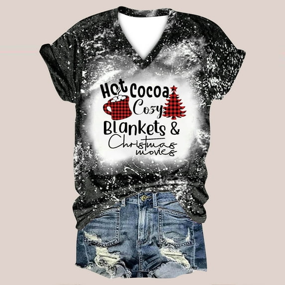 Herrnalise Women's Classic-Fit 100% Cotton Short-Sleeve T-Shirt Women Casual Print Christmas Loose Short Sleeve V-Neck Tops