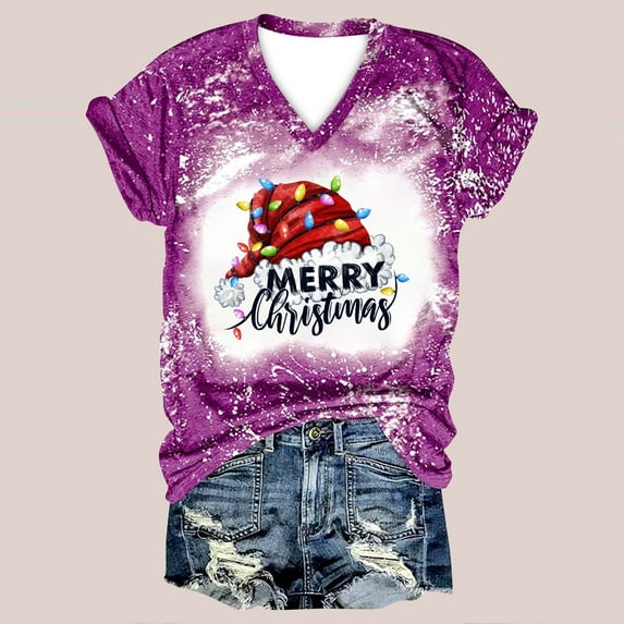 Herrnalise Women's Classic-Fit 100% Cotton Short-Sleeve T-Shirt Women Casual Print Christmas Loose Short Sleeve V-Neck Tops