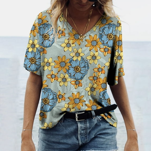 Herrnalise Women's Classic-Fit 100% Cotton Short-Sleeve T-Shirt Women Casual T-shirt Floral Printed V-Neck Short Sleeve Pullover Blouse Tops