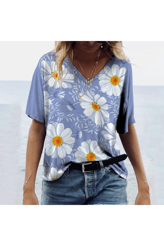 Women's Classic-Fit 100% Cotton Short-Sleeve T-Shirt Women Casual T-shirt Floral Printed V-Neck Short Sleeve Pullover Blouse Tops