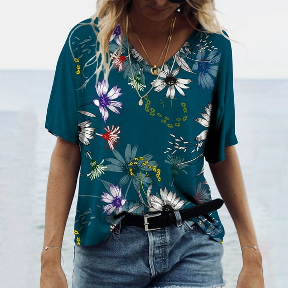 Herrnalise Women's Classic-Fit 100% Cotton Short-Sleeve T-Shirt Women Casual T-shirt Floral Printed V-Neck Short Sleeve Pullover Blouse Tops