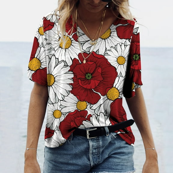Herrnalise Women's Classic-Fit 100% Cotton Short-Sleeve T-Shirt Women Casual T-shirt Floral Printed V-Neck Short Sleeve Pullover Blouse Tops