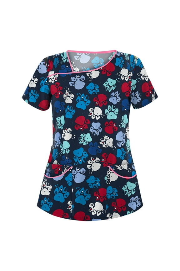 Women's Classic-Fit 100% Cotton Short-Sleeve T-Shirt Women Fashion Animal Print Short Sleeve Neck Tops Working Uniform Blouse Shirt