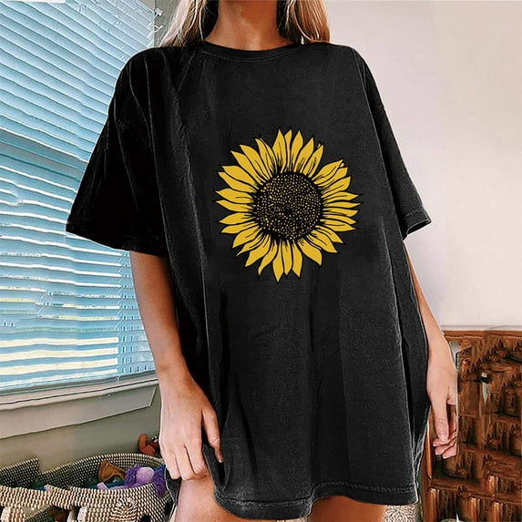 Herrnalise Women's Classic-Fit 100% Cotton Short-Sleeve T-Shirt Women Sunflower Printing O-Neck Loose Short Sleeve T-shirt Top Blouse Pullover