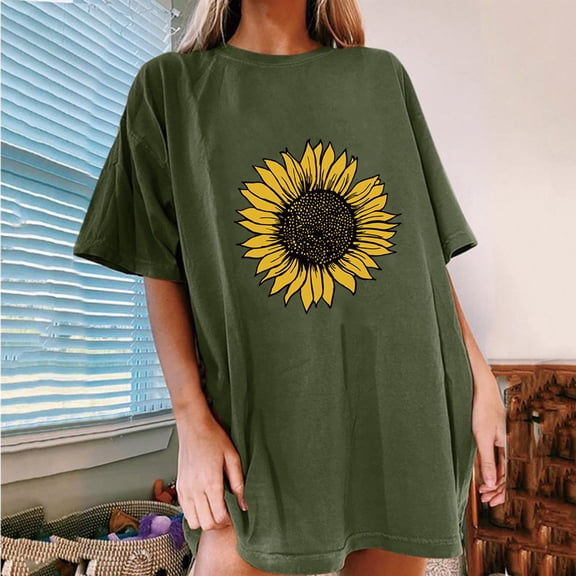 SDJMa Women's Classic-Fit 100% Cotton Short-Sleeve T-Shirt Women Sunflower Printing O-Neck Loose Short Sleeve T-shirt Top Blouse Pullover