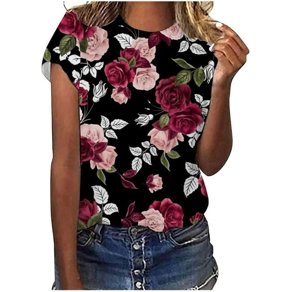 Herrnalise Women's Classic-Fit 100% Cotton Short-Sleeve T-Shirt Women's Fashion Short Sleeve Flowers Print Tops