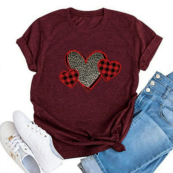 Herrnalise Women's Classic-Fit 100% Cotton Short-Sleeve T-Shirt Womens Valentine's Day Heart Printed Short Sleeve Tops Blouse T-Shirt