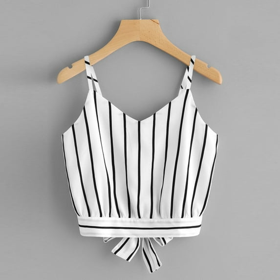 SDJMa Women's Classic-Fit 100% Cotton Short-Sleeve V-Neck T-Shirt Women's Self Tie Back V Neck Striped Crop Cami Top Camisole Blouse