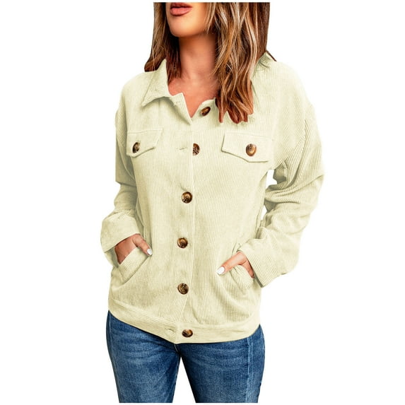 Herrnalise Women's Corduroy Button Down Shirts Casual Long Sleeve Oversized Jacket Shacket Coat with 4 Pockets Beige,M