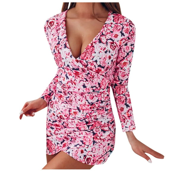 Herrnalise Women's Cross V Neck Printed Long Sleeve Sexy Dresses S-XL