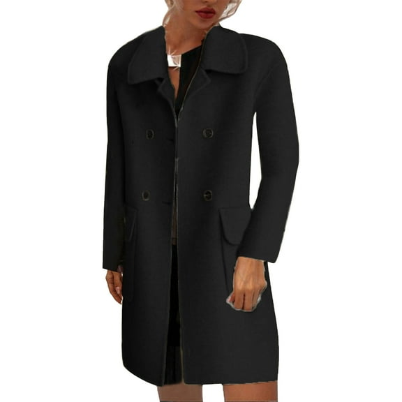 Herrnalise Women's Double Breasted Pea Coat Winter Mid-Long Trench Coat with Belt Black,XXL