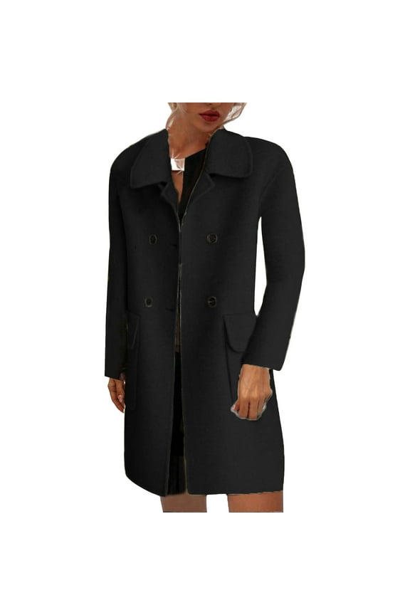 Women's Double Breasted Pea Coat Winter Mid-Long Trench Coat with Belt Black,XXL
