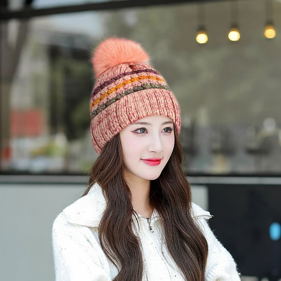 Herrnalise Women's Double Layer Plus Fleece Knitted Ear Protection Warm Hair Ball Wool Hat