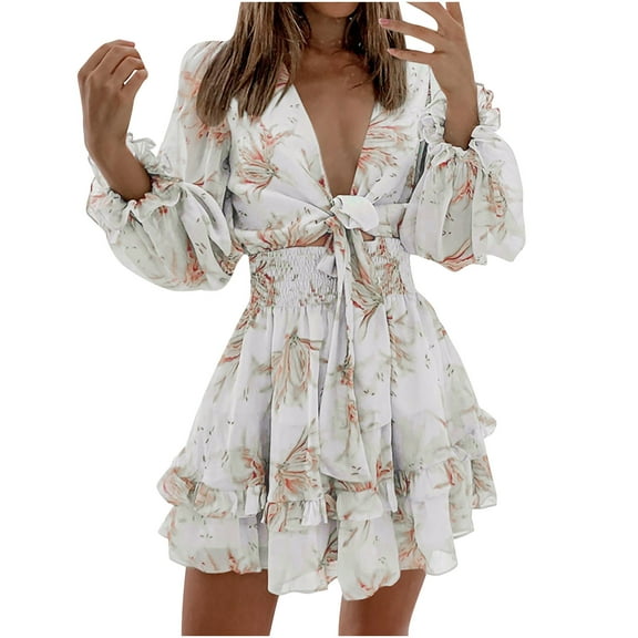 Herrnalise Women’s Dresses Summer 2024 Autumn And Winter Sexy V-Neck Long SleeveRuffle Lace Printed Dresses S-XL