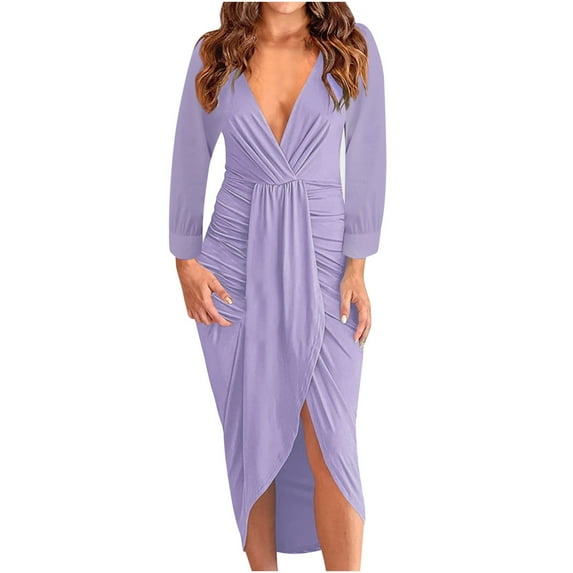 !Herrnalise Women’s Dresses Summer 2024 Autumn And Winter Solid V-neck Pleated Bag Hip Split Long-Sleeve Mid-Calf Dress S-2XL