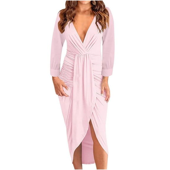 Herrnalise Women’s Dresses Summer 2024 Autumn And Winter Solid V-neck Pleated BagHip Split Long-Sleeve Mid-Calf Dress S-2XL