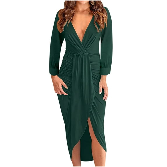 Holloyiver Women’s Dresses Summer 2023 Autumn And Winter Solid V-neck Pleated BagHip Split Long-Sleeve Mid-Calf Dress S-2XL