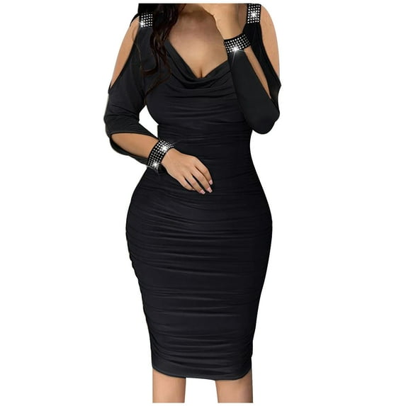 Herrnalise Women’s Dresses Summer 2024 Casual Long Sleeve Dress V-Neck Pleated Skirt WrappedHip Off Shoulder Dress S-3XL