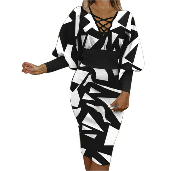 Herrnalise Women’s Dresses Summer 2024 Casual Long Sleeve Printed V-Neck Waist Dresses S-2XL