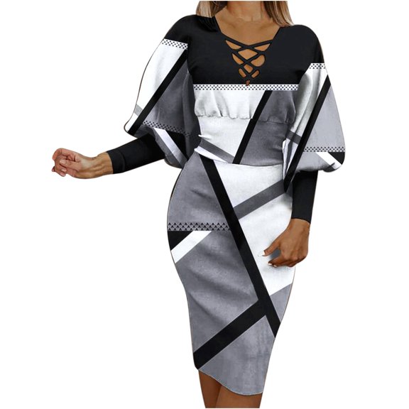 Herrnalise Women’s Dresses Summer 2024 Casual Long Sleeve Printed V-Neck Waist Dresses S-2XL