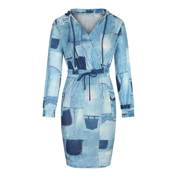 Holloyiver Women’s Dresses Summer 2023 Casual Long Sleeve Printed Waist Bandage V-NeckHooded Drawstring Dresses With Pockets S-2XL