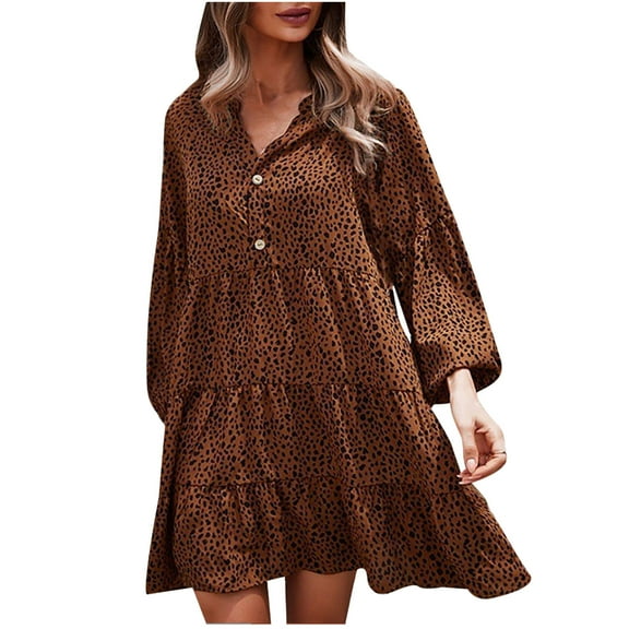 Herrnalise Women’s Dresses Summer 2024 Casual Loose Buttons Leopard Print Lantern Sleeve Printing Long Sleeve V-Neck Dress S-XL