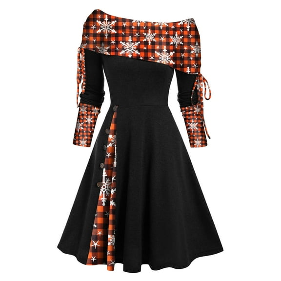 Herrnalise Women’s Dresses Summer 2024 Fashion Autumn Christmas Printing Causal Off-The-Shoulder Button Long Sleeve Vacation Dress S-2XL