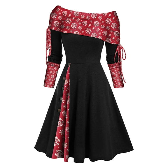 Herrnalise Women’s Dresses Summer 2024 Fashion Autumn Christmas Printing Causal Off-The-Shoulder Button Long Sleeve Vacation Dress S-2XL