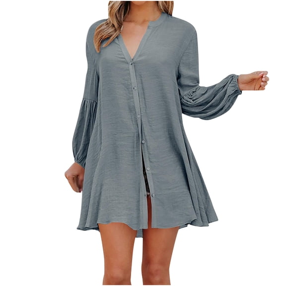 Herrnalise Women’s Dresses Summer 2024 Fashion Autumn Winter Solid Blouse V-Neck Button Long Sleeve Dress S-2XL