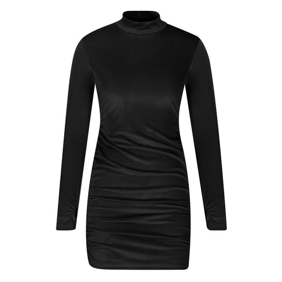 Herrnalise Women’s Dresses Summer 2024 Fashion Casual Solid Color Fold Long Sleeve Turtleneck Full Dresses S-3XL