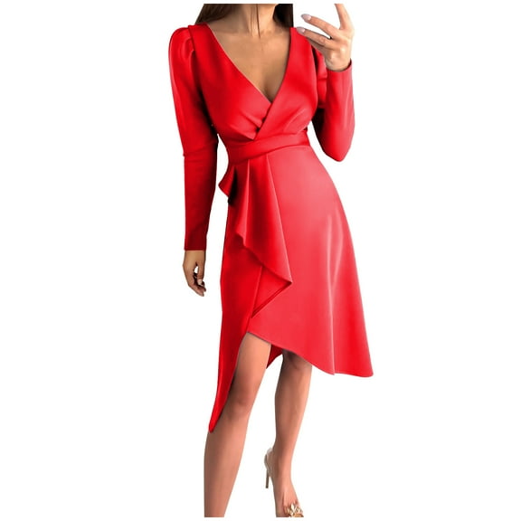 Herrnalise Women’s Dresses Summer 2024 Fashion Sexy Casual Buttocks V-Neck Solid Slimming Long Leeve Dress S-XL