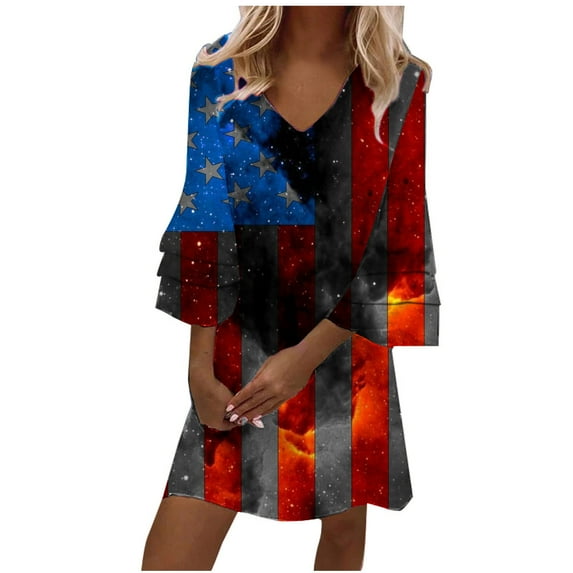 Herrnalise Women’s Dresses Summer 2024 Fashion Summer Casual V-Neck Print 3/4 Sleeve Fold Mini Dress S-5XL