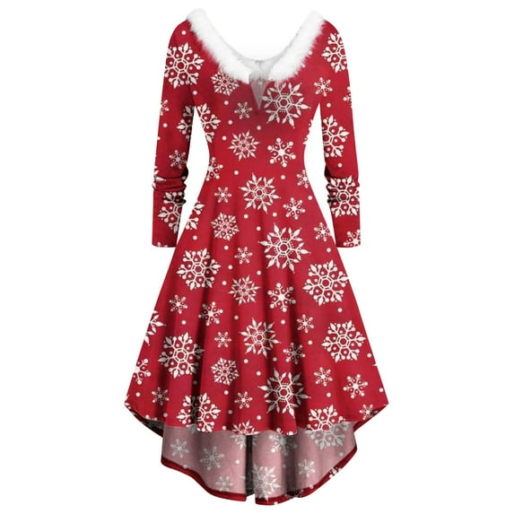 Herrnalise Women’s Dresses Summer 2024 Long Sleeve Christmas Printed Furry V-Neck Draw Back Swing Party Dress S-2XL