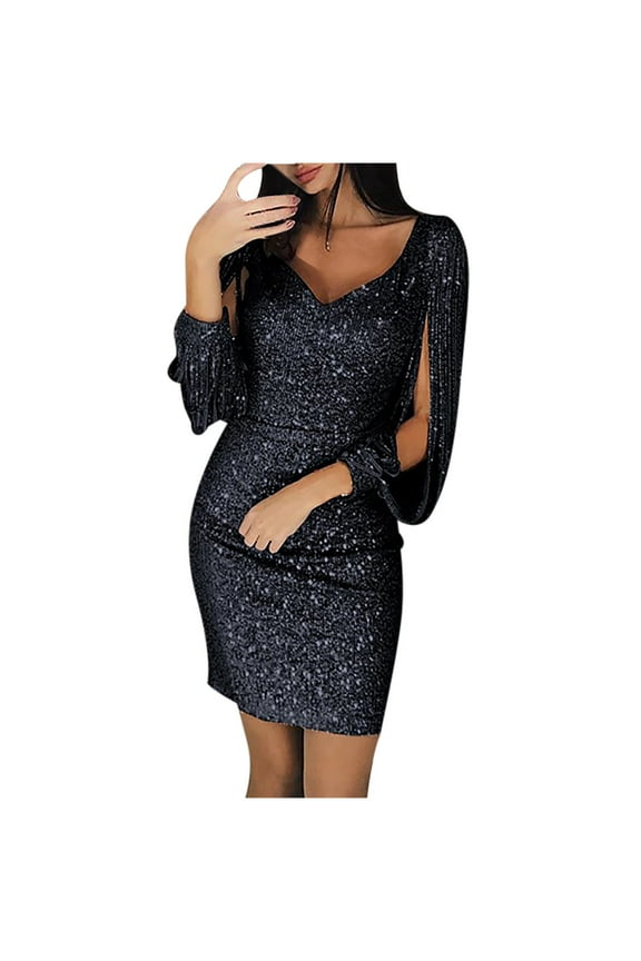 Women’s Dresses Summer 2024 Sexy Solid Sequined Stitching Shining Club Sheath Long Sleeved Mini Dress S-5XL