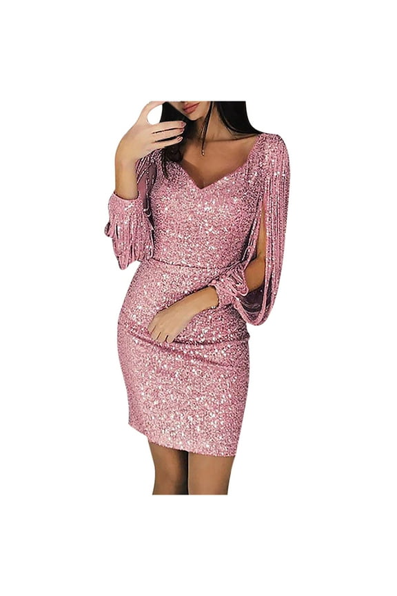Women’s Dresses Summer 2024 Sexy Solid Sequined Stitching Shining Club Sheath Long Sleeved Mini Dress S-5XL