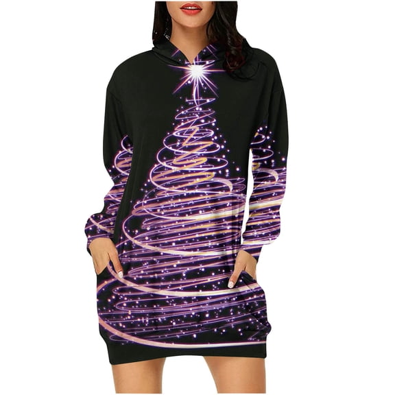 Herrnalise Women’s Dresses Summer 2024 s Casual With Pocket Christmas Print Long Sleeve LooseHooded Dress S-2XL
