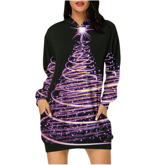 Holloyiver Women’s Dresses Summer 2023 s Casual With Pocket Christmas Print Long Sleeve LooseHooded Dress S-2XL