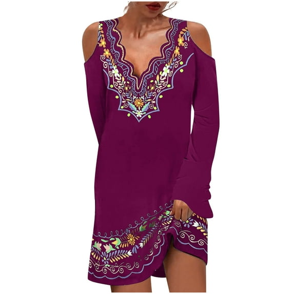 Herrnalise Women's Ethnic Vintage Printed Wave V-Neck Strapless Flared Knee Length Dresses S-2XL