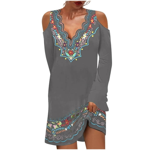 Holloyiver Women's Ethnic Vintage Printed Wave V-Neck Strapless Flared Knee Length Dresses S-2XL