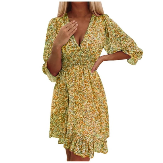 Herrnalise Women's Fall Seven Split Sleeve V-Neck Printed Dresses S-2XL