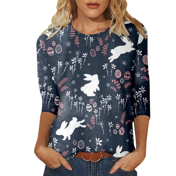 Herrnalise Women's Fashion Easter Day Printed T-shirt 3/4 Sleeves Blouse Round Neck Casual Tops Navy 2XL