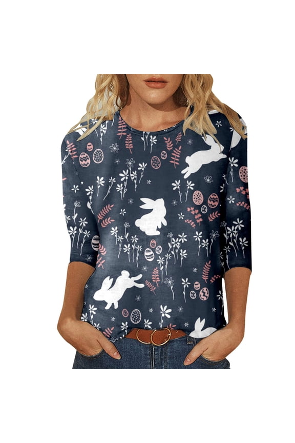 Women's Fashion Easter Day Printed T-shirt 3/4 Sleeves Blouse Round Neck Casual Tops Navy 2XL
