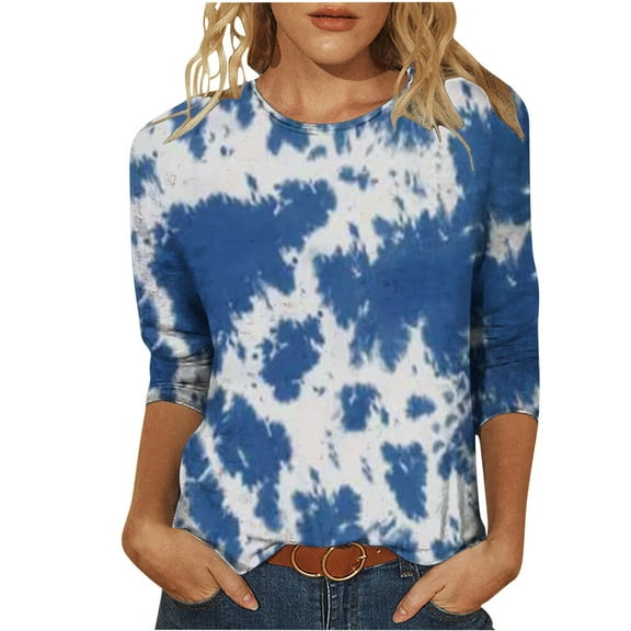 Herrnalise Women's Fashion Printed T-shirt 3/4 Sleeves Blouse Round Neck Casual Tops Blue 2XL