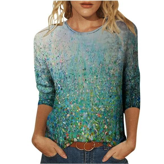 Herrnalise Women's Fashion Printed T-shirt 3/4 Sleeves Blouse Round Neck Casual Tops Green XL