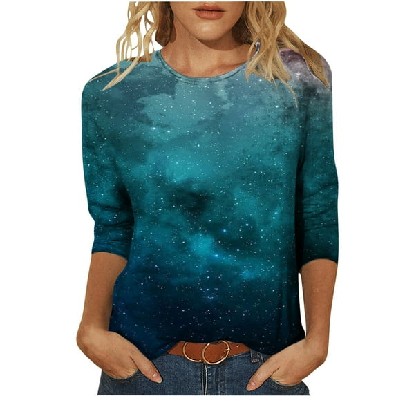 Herrnalise Women's Fashion Printed T-shirt 3/4 Sleeves Blouse Round Neck Casual Tops Navy M