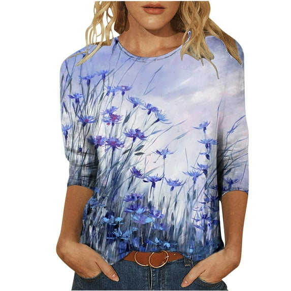 Herrnalise Women's Fashion Printed T-shirt 3/4 Sleeves Blouse Round Neck Casual Tops Purple S